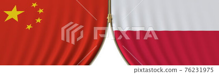 China and Poland political cooperation or conflict, flags and closing or opening zipper, conceptual 3D rendering China and Poland political cooperation or conflict, flags and closing or opening zipper, conceptual 3D rendering 76231975