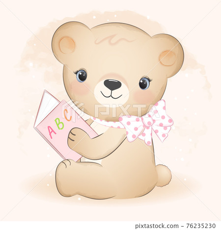Cute little bear reading a book hand drawn... - Stock Illustration ...