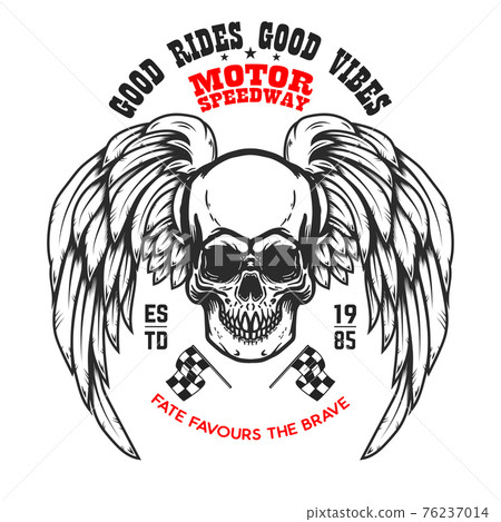 Custom motorcycles .Poster template with winged skull. Design element for poster, flyer, card, banner. Vector illustration Custom motorcycles .Poster template with winged skull. Design element for poster, flyer, card, banner. Vector illustration 76237014