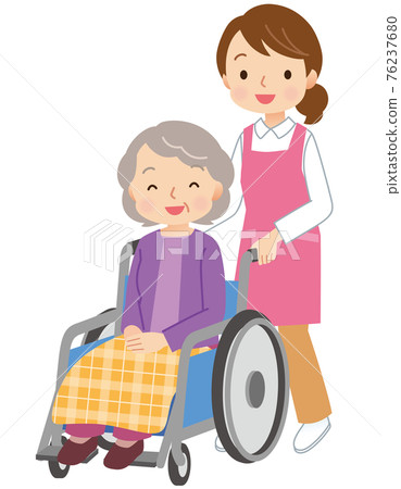 Elderly care helper riding in a wheelchair 76237680