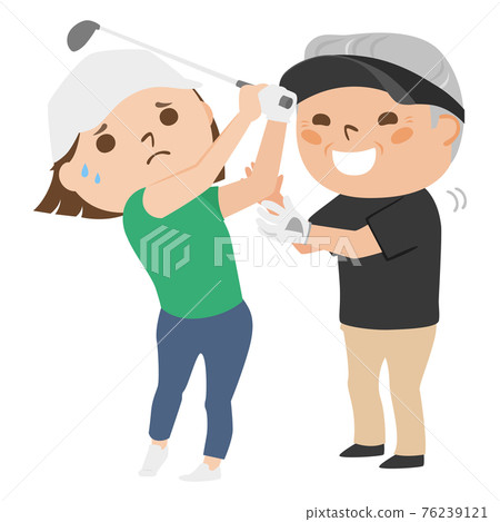 Illustration of golf. An annoying uncle teaching a young woman a swing. Illustration of golf. An annoying uncle teaching a young woman a swing. 76239121