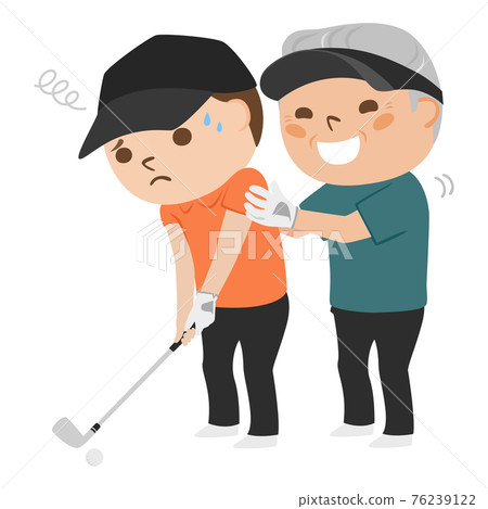Illustration of golf. An annoying uncle teaching golf to a young man. Illustration of golf. An annoying uncle teaching golf to a young man. 76239122