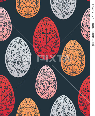 Seamless festive pattern with eggs and folk ornaments on dark background. Wallpaper with Easter treat. Wrapping paper with eggs with natural flower decoration. Seamless festive pattern with eggs and folk ornaments on dark background. Wallpaper with Easter treat. Wrapping paper with eggs with natural flower decoration. 76239693