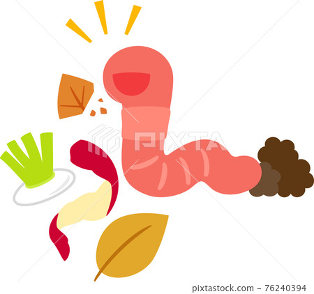 Earthworm character eating kitchen waste and fallen leaves 76240394
