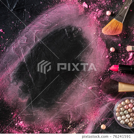 Makeup square destign template with brushes, crushed cosmetics, and copyspace 76241591
