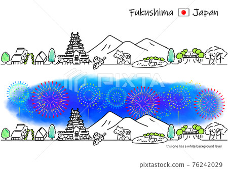 Fukushima cityscape and fireworks simple line drawing set Fukushima cityscape and fireworks simple line drawing set 76242029