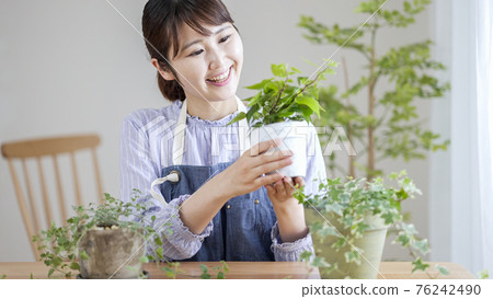 一個微笑的女人享受室內園藝 一個微笑的女人享受室內園藝 76242490