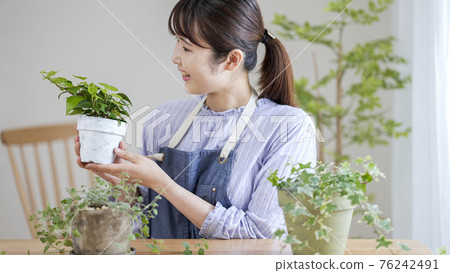 一個微笑的女人享受室內園藝 一個微笑的女人享受室內園藝 76242491