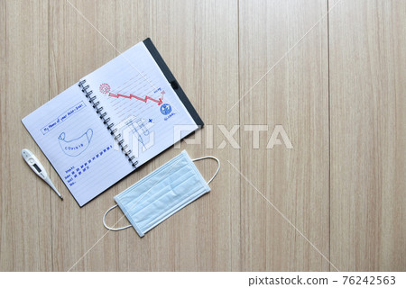 The memo of covid 19 passed years diary on wooden floor with mask eyeglasses and thermometer , The diaries of covid-19 showing graphic sketch of mask, vaccine and hope, global economy, virus and The memo of covid 19 passed years diary on wooden floor with mask eyeglasses and thermometer , The diaries of covid-19 showing graphic sketch of mask, vaccine and hope, global economy, virus and 76242563
