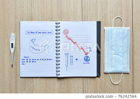 The memo of covid 19 passed years diary on wooden floor with mask and thermometer , The diaries of covid-19 showing graphic sketch of mask, vaccine and hope, global economy, virus and quarantine 76242564