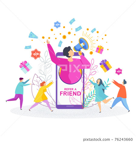 Refer a friend concept. Invitation by referral program. Refer a friend concept. Invitation by referral program. 76243660