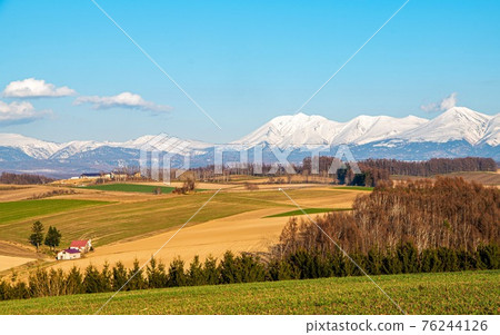 Scenery of Biei hill and blue sky in spring Scenery of Biei hill and blue sky in spring 76244126