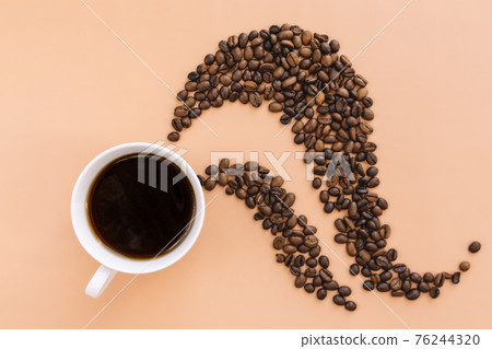 Beige flat lay, cup of coffee, roasted coffee beans steam shape from hot coffee 76244320