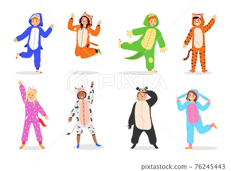 Kids animal dress. Cartoon children wear costumes. Funny carnival clothes with animalistic prints or sleepwear for pajama party. Smiling boys and girls greeting waving hands, vector set Kids animal dress. Cartoon children wear costumes. Funny carnival clothes with animalistic prints or sleepwear for pajama party. Smiling boys and girls greeting waving hands, vector set 76245443