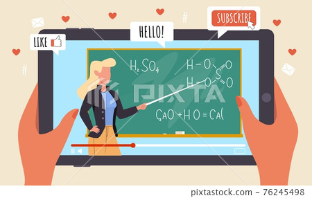 Distance learning. Female teacher near blackboard on tablet screen, hand holds smartphone with internet lesson or video tutorial, webinar in virtual school, online education vector concept 76245498