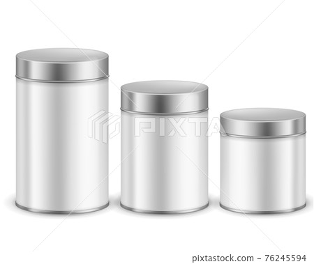 Tin can container metal. Packaging dry products cylinder boxes with caps different size, tea or coffee, sugar or cereals, spice or powder branding package template vector realistic set 76245594