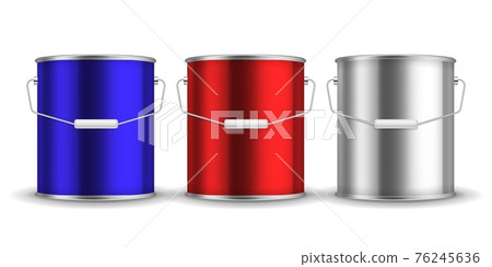 Steel can for paint. Realistic metal buckets with handles. 3D packaging for liquid. Blue or red and white aluminum containers mockup. Vector isolated metallic pails set for branding Steel can for paint. Realistic metal buckets with handles. 3D packaging for liquid. Blue or red and white aluminum containers mockup. Vector isolated metallic pails set for branding 76245636