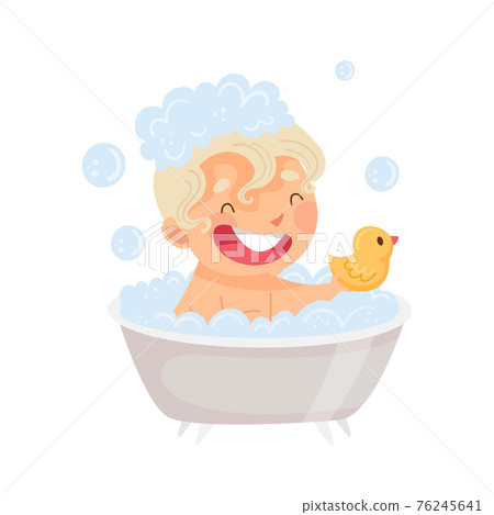 Little Boy Sitting in Tub Full of Foam Taking Bath in Bathroom Washing with Soap Vector Illustration 76245641