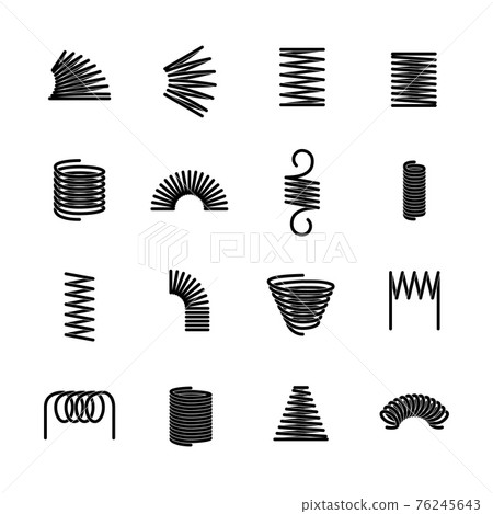 Steel spring. Flexible iron spirals. Parts of machinery equipment. Isolated twisted compressed wires. Minimal silhouettes of industrial or automobile absorbers. Vector metal coils set 76245643