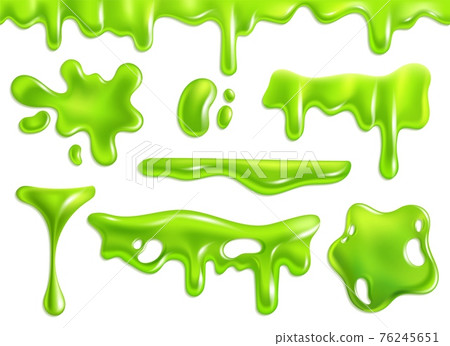 Slime green. Purulent blots slimy, goo splashes and mucus smudges. Bright toxic shiny liquid, spot of poison dribble silhouette. Realistic halloween isolated elements and frames vector 3d set Slime green. Purulent blots slimy, goo splashes and mucus smudges. Bright toxic shiny liquid, spot of poison dribble silhouette. Realistic halloween isolated elements and frames vector 3d set 76245651