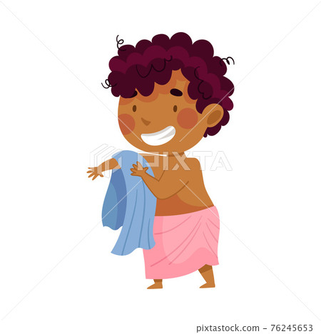 Little African American Boy Standing with Towel Drying Himself after Having a Shower Vector Illustration 76245653