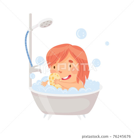 Little Girl Sitting in Tub Full of Foam Taking Bath in Bathroom Washing with Soap Vector Illustration Little Girl Sitting in Tub Full of Foam Taking Bath in Bathroom Washing with Soap Vector Illustration 76245676