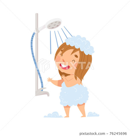 Little Girl Having Shower in Bathroom Washing with Soap Vector Illustration 76245696