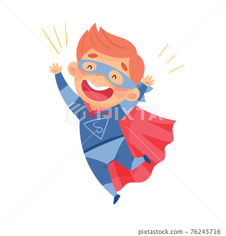 Cute Boy Wearing Cape and Mask as Superhero Jumping with Joy Pretending Having Power for Fighting Crime Vector Illustration Cute Boy Wearing Cape and Mask as Superhero Jumping with Joy Pretending Having Power for Fighting Crime Vector Illustration 76245716