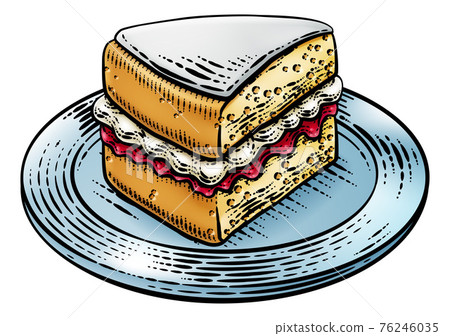 Cake Sponge Slice Jam Cream Woodcut Drawing 76246035