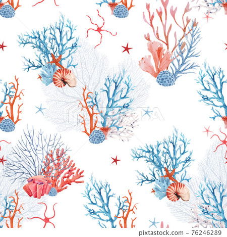 Beautiful vector seamless underwater pattern with watercolor sea life coral shell and starfish. Stock illustration. Beautiful vector seamless underwater pattern with watercolor sea life coral shell and starfish. Stock illustration. 76246289