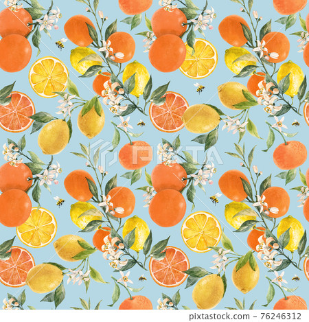 Beautiful seamless pattern with watercolor hand drawn citrus orange lemon grapefruit fruits. Stock illustration. 76246312