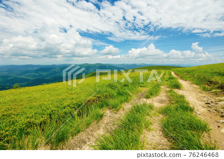 country road through alpine meadow of carpathian mountain. beautiful nature landscape in summer. scenery with open view in to the distant ridge and valley. wonderful sky with clouds above the horizon 76246468