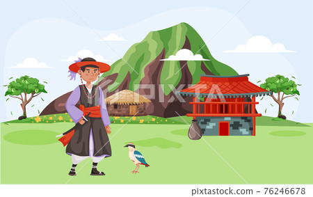 Welcome to Jeju in South Korea, traditional attraction. Layout of postcard with invitation to island 76246678