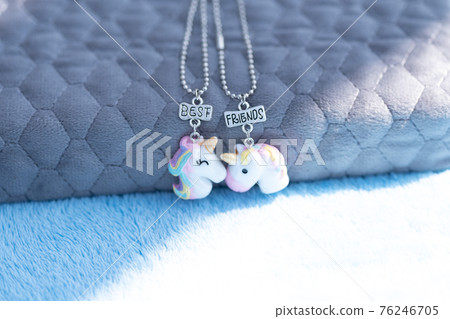 Pendant best friends two unicorns necklace shoot outside in a sunny day closeup. Selective Focus 76246705