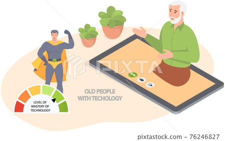 Old people play video game. Senior people with different gadgets. Oldster education on computer Old people play video game. Senior people with different gadgets. Oldster education on computer 76246827
