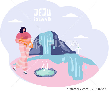 Owner walks with pet. Girl with cat outdoor on island. Postcard with nature landscape of Jeju 76246844