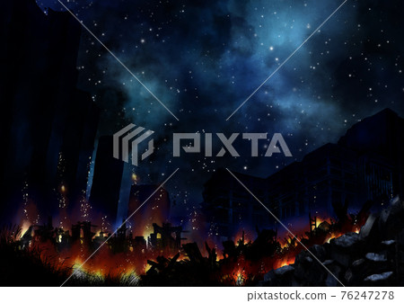 夜晚星空下燃燒的廢墟城市 夜晚星空下燃燒的廢墟城市 76247278
