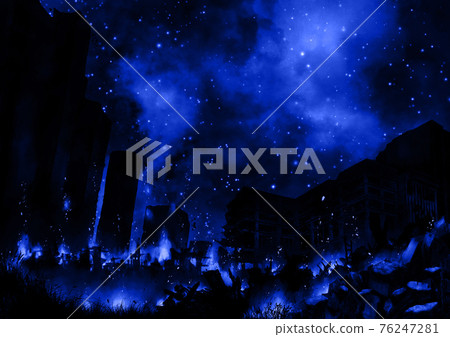 一個被遺棄的城市在夜晚在星空下燃燒的藍色插圖 一個被遺棄的城市在夜晚在星空下燃燒的藍色插圖 76247281