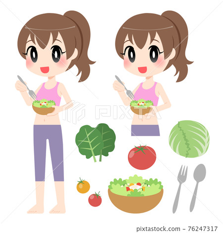 一組吃沙拉的婦女和蔬菜 76247317