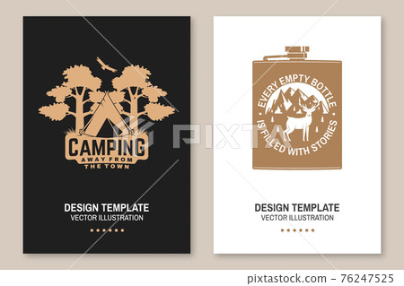 Every empty bottle is filled with stories. Camping. Away from the town. Vector. Flyer, brochure, banner, poster design with metal hip flask, deer and mountains silhouette. Every empty bottle is filled with stories. Camping. Away from the town. Vector. Flyer, brochure, banner, poster design with metal hip flask, deer and mountains silhouette. 76247525