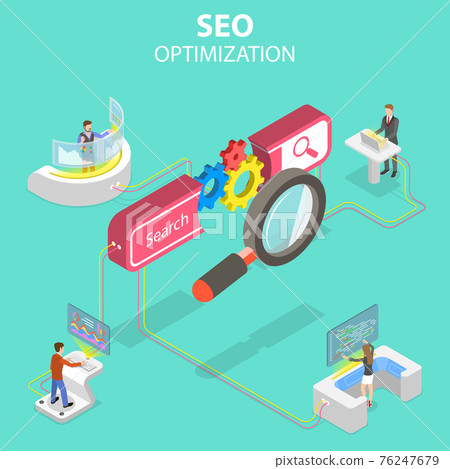 Flat isometric vector concept of search engine ranking, web analytics. Flat isometric vector concept of search engine ranking, web analytics. 76247679