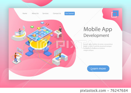 Flat isometric vector landing page template of mobile app development. Flat isometric vector landing page template of mobile app development. 76247684