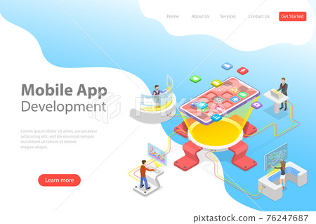 Flat isometric vector landing page template of mobile app development. Flat isometric vector landing page template of mobile app development. 76247687