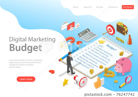 Flat isometric vector landing page template of digital marketing budget, seo. Flat isometric vector landing page template of digital marketing budget, seo. 76247742