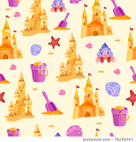 Sand castle vector beach seamless pattern, toy bucket, shovel, red star, cute crab, shells Sand castle vector beach seamless pattern, toy bucket, shovel, red star, cute crab, shells 76248347