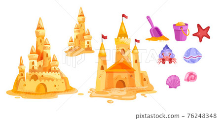 Sand castle vector beach isolated illustration collection, toy bucket, shovel, red star, cute crab Sand castle vector beach isolated illustration collection, toy bucket, shovel, red star, cute crab 76248348