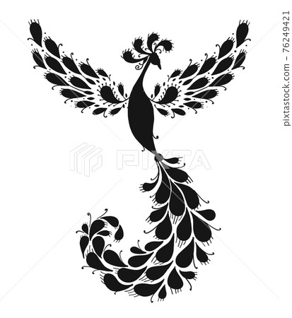 Magic Fairy Bird, Black Silhouette. Phoenix Bird. Mythical character. Ornamental Silhouette for your design Magic Fairy Bird, Black Silhouette. Phoenix Bird. Mythical character. Ornamental Silhouette for your design 76249421