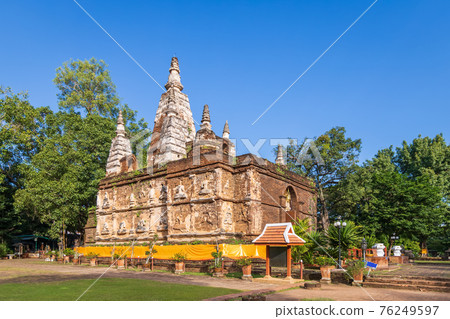 Wat Chet Yot or Photharam Maha Wihan Temple, with ancient unique seven tops designed pagoda or stupa as central sanctuary, Chiang Mai, Thailand 76249597