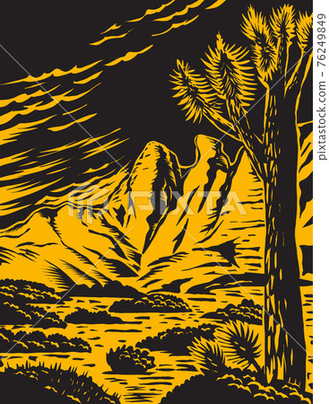 Joshua Tree in the Remote and Rugged Desert Landscape of Gold Butte National Monument in Clark County Nevada Woodcut WPA Poster Art 76249849