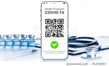 Immune certificate. Medical equipment with Coronavirus vaccine certificate on phone screen, doctor charts, syringe and stethoscope on hospital background. Vaccination, disease immunity passport. Immune certificate. Medical equipment with Coronavirus vaccine certificate on phone screen, doctor charts, syringe and stethoscope on hospital background. Vaccination, disease immunity passport. 76249947